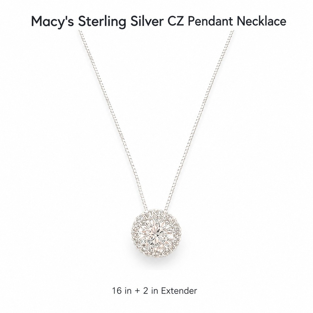 Macy's Sterling Silver Cubic Zirconia Round Halo Pendant Necklace 16+2" Extender
